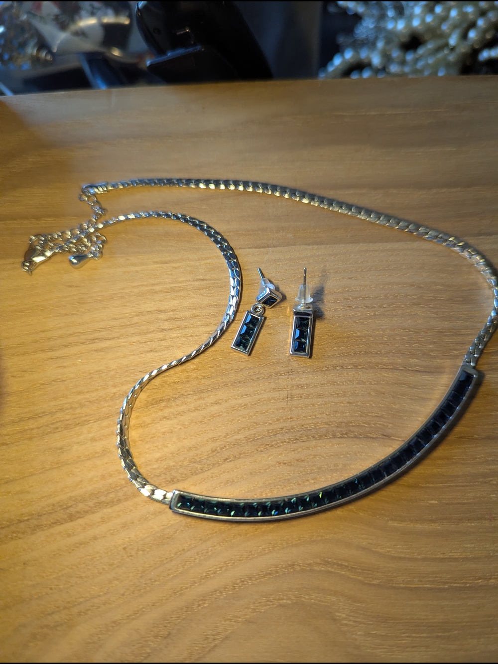 Silver tone Necklace and Earrings Set With Dark Blue Stones